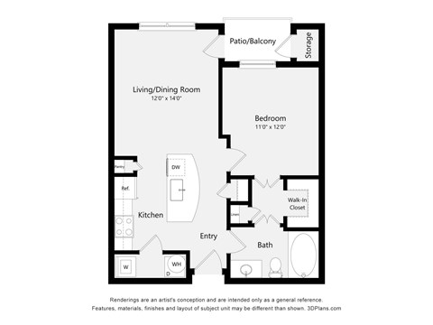 Floor plan for 1 bed, 1 bath, 634 sqft